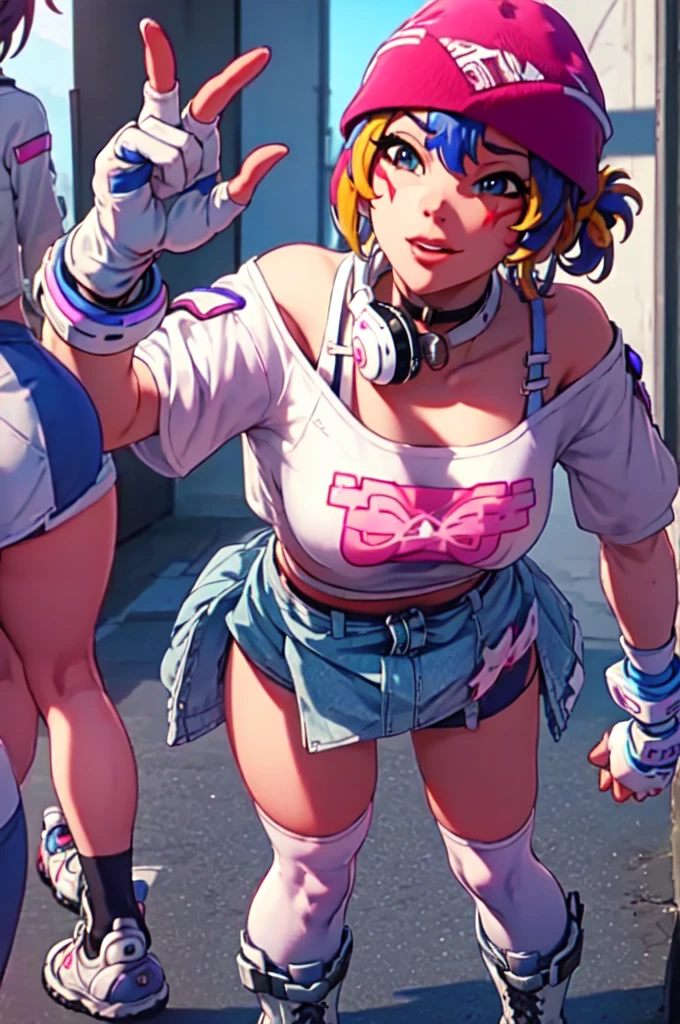 ((masterpiece, best quality)), 1girl, solo, Kiriko LeSserafim, upper body, short hair, brown eyes, multicolored hair, blue hair, yellow highlights, bangs, pink headwear, hair between eyes, (white off-shoulder shirt:1.5), ((gloves:1.5)), pointing to her face, fingerless gloves, hoop earrings, (white shirt:1.5), headphones around neck, thighhigh, white gloves, lace-up boots, boots, gloves, jacket around waist, thighhighs, breasts, headphones, standing, jewelry, bracelet, midriff, white crop top, cross-laced footwear single kneehigh, smile, earrings, jewelry, hat, looking at viewer, makeup, facepaint, facial mark, detached sleeves, lips, indoors, japanese house, hands on her face, portrait,  