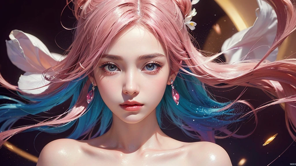 One girl, alone, flower畑, flower, (Official Art, unity 8k wallpaper, Super detailed, beautifully、aesthetic, masterpiece ,Highest quality:1.3), (Dynamic Angle:1.2), (Floating colorful sparkles:1) , elegant, Vibrant colors, Highly detailed face, Detailed eyes, Glowing Skin, Glossy Lips , Pale pink and pale orange background, Pink Hair,