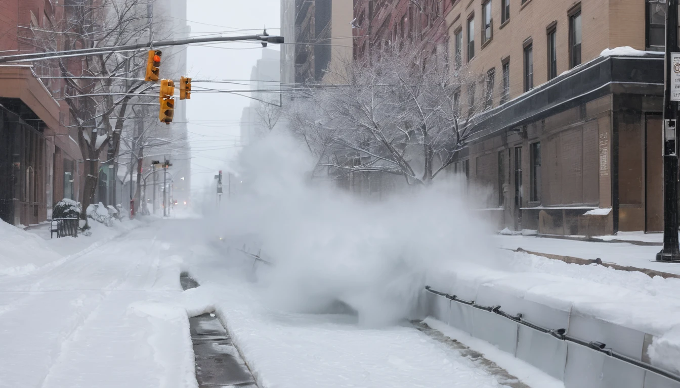 Broken underground pipe beside a city street,Water vapor ejection,Blizzard weather,Lots of snow