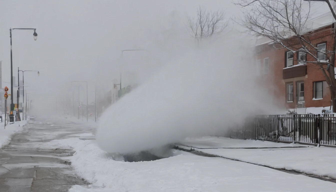 Broken underground pipe beside a city street，Water vapor ejection，Blizzard weather，Lots of snow