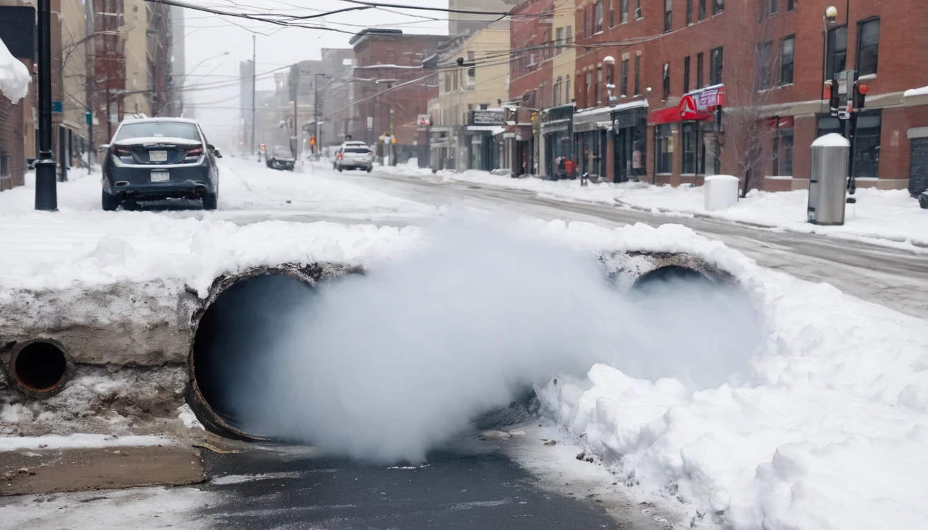 Broken underground pipe beside a city street,Water vapor ejection,Blizzard weather,Lots of snow