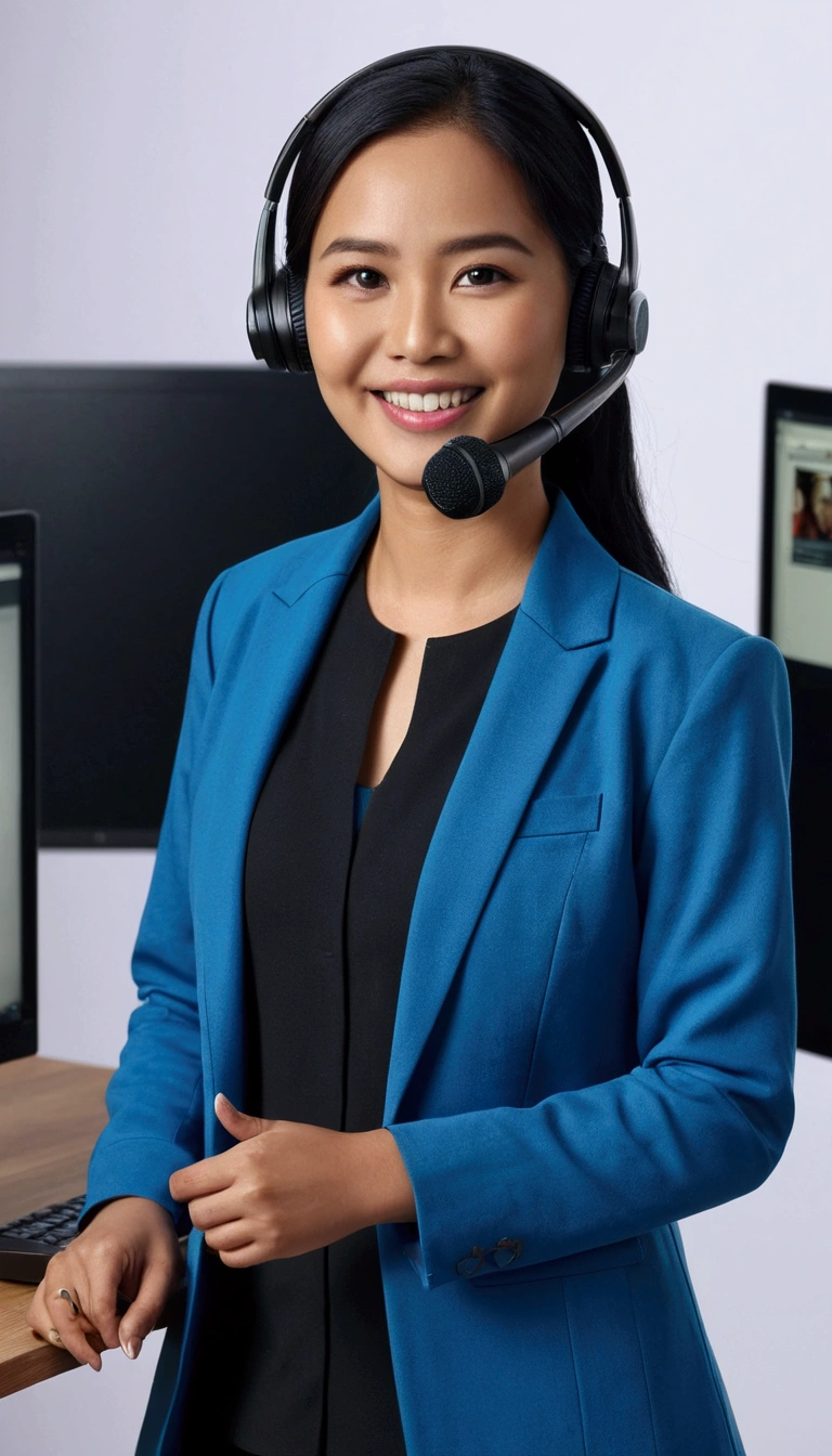 Photography image of an Indonesian female customer service person wearing a black wireless mic, wearing a blue long jacket. Radiant face, smile, charismatic. Background view in a spacious studio, several monitor screens. Realistic, ultra hd 24k, stand full body view.