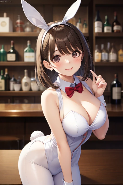 anegasaki nene、Shiny brown hair, short hair, (Beautiful brown eyes、Sparkling eyes, Fine grain)、smile、Ultra-detailed eyes、Highly detailed face, Highly detailed eyes, ,Have a cocktail glass, scenery, bar counter, Depth of written boundary((Blurred Background))masterpiece, Highest quality, Absurd, Perfect Anatomy、 (A cute girl like an angel, Bunny girl, Bunny Suit,)(Volumetric lighting, )、smile, erotic, sceneryを眺める,
