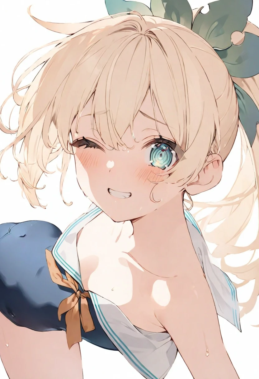 (muste piece), (best quality), (score_9, score_8_up, score_7_up), very detailed eyes, expressive eyes, perfect face, very detailed face, highly detailed face, beautiful girl, 8K, beautiful girl, white background, delicate and beautiful face and eyes, dark intense shadow, 
1 girl, vtuber style, cool girl, hololive, Kazama Iroha, blond hair, ponytail, school swimsuit, Unbuttoned serafuku, small chest, cropped shoulders, clavicle, cameltoe, armpit, wet body, wet hair, one eye close winking, blush, shy smile, body visible through clothes, chest visible through clothes, ass visible through thighs, (full body), barefoot, naked thighs, lying down, open legs wide, 