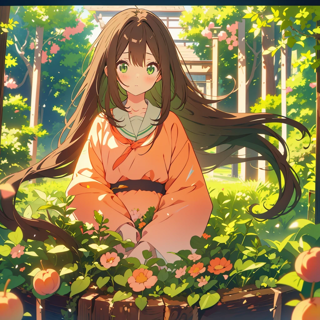 kawaii, anime, Cute, hyper quality, highly detailed, 8k, Clarity, dark brown long hair, green eyes, Stinking eyes, Front facing, peek out one's face, leaning forward, upper body, Draw facial expressions in detail, upward glance, stare at me, bite a peach, peach tree, heaven,