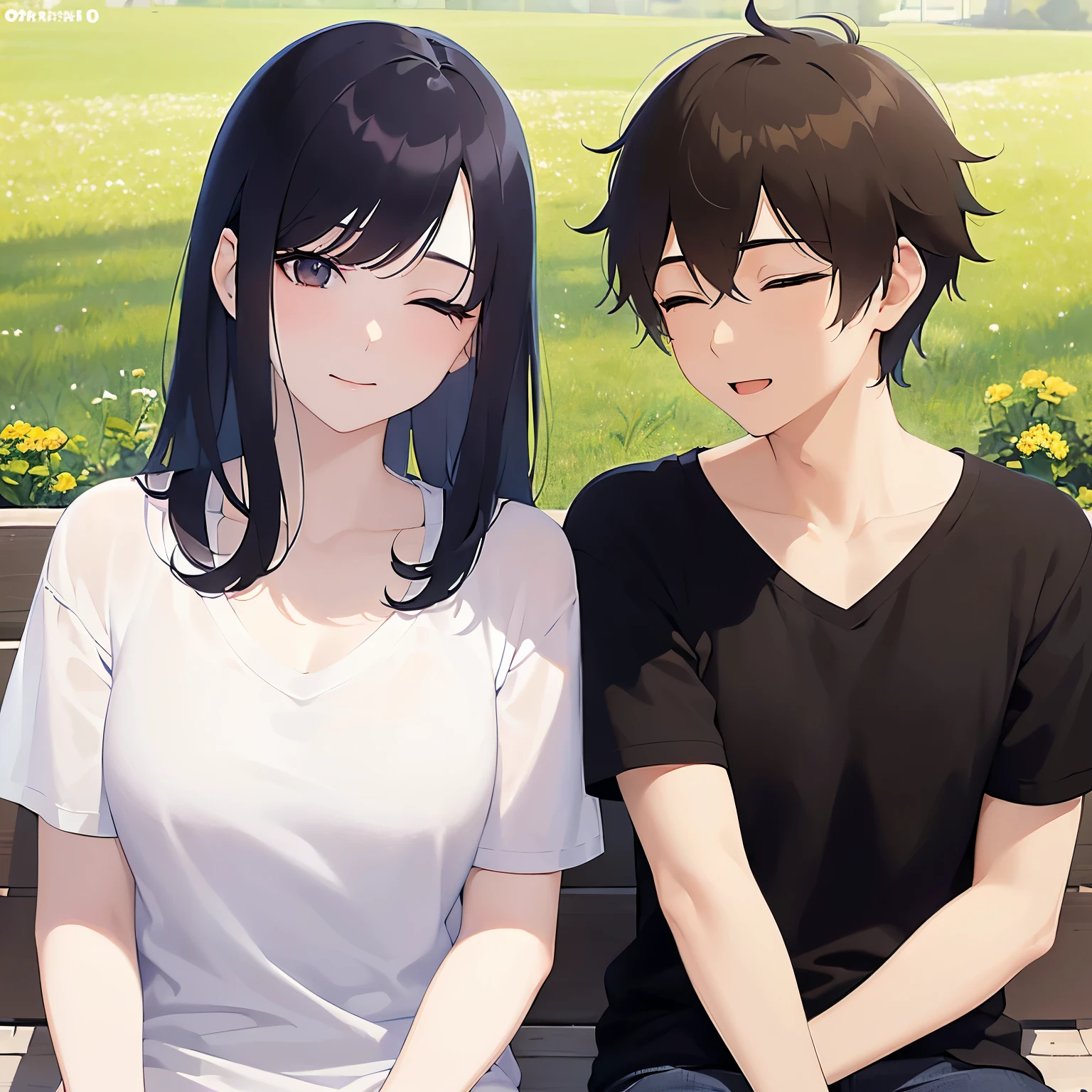 A couple laughing with their eyes closed、(Night Sky:1.5)、grass、(Night Park:1.5)、
Realistic, real person, (pale skin: 1.2), RAW photo, photorealistic, shiny skin, shiny hair、
BREAK(A 25-year-old woman with medium-length hair and bangs) and (wavy hair) and (brown hair) and(white) and (T-shirt) and (V neck) and胸の谷間BREAK,
BREAK(30-year-old male:1.5) and (Black short hair)and(black) and (T-Shirts)BREAK