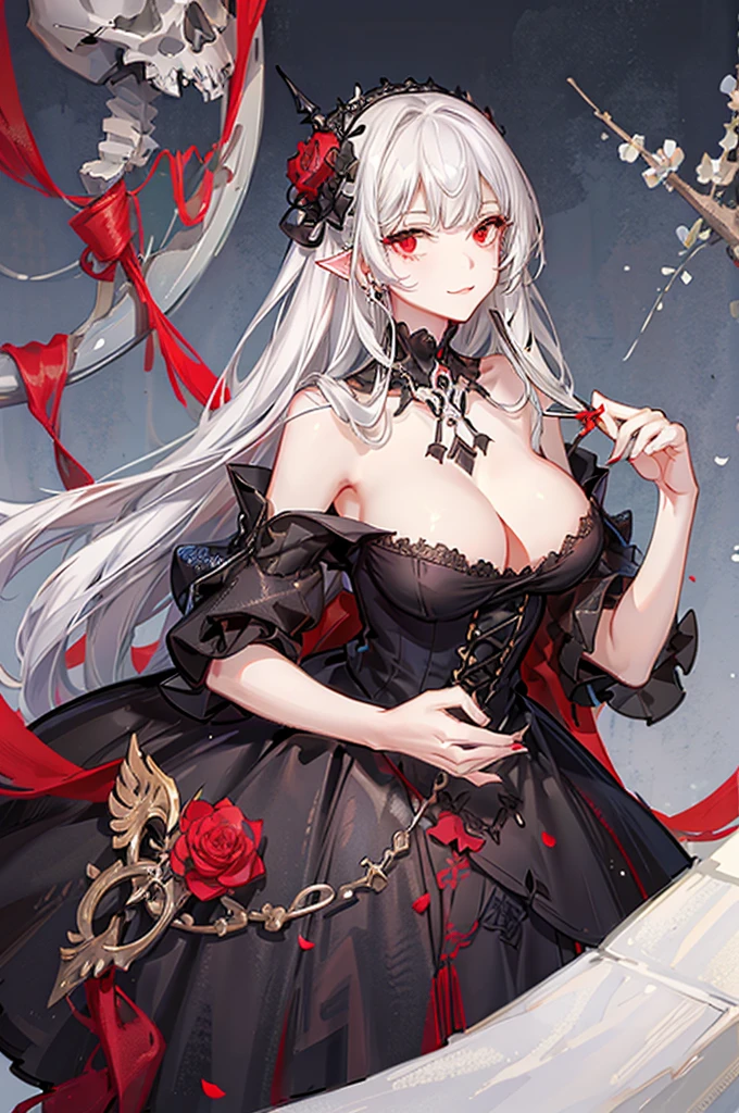 Female, sharp eyes, mature, seductive, white hair, ((white skeleton)), red flower, ((big boobs)) , illustration, 25 year old, bone, skull, ((bust-up)), red eyes, full black dress, black collar, luxurious,