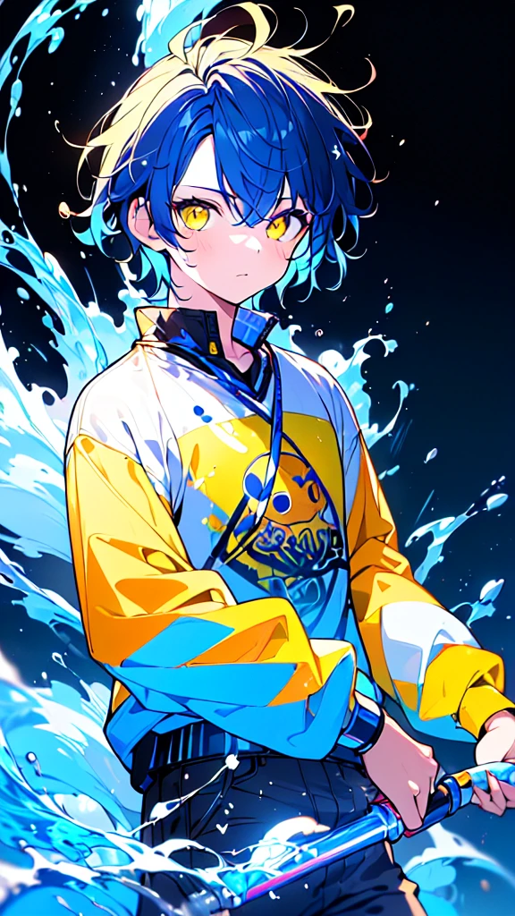 [(BLACK BACKGROUND:1.5),::5], ((((masterpiece)))), high quality, very_high_resolution, large_filesize, upper body, full color, ((younger boy)), 13 old year, short deepblue hair, vivid color, ((yellow eye)), Summer clothes white, animestyle, (NeonSoda Splash effect:1.3)