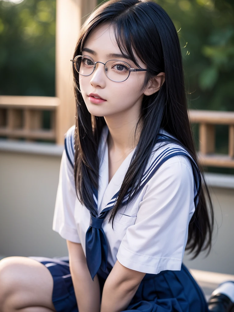 a kneeling japanese school girl with long black hair wearing a sailor uniform and glasses, cute girl , lovely look, detailed face and eyes, (best quality,4k,8k,highres,masterpiece:1.2),ultra-detailed,(realistic,photorealistic,photo-realistic:1.37),beautiful detailed eyes,beautiful detailed lips,extremely detailed eyes and face,longeyelashes,intricate,delicate,elegant,soft lighting,warm color tones,cinematic lighting,natural lighting,atmospheric