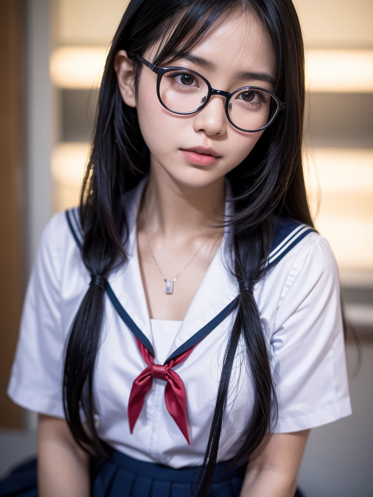 a kneeling japanese school girl with long black hair wearing a sailor uniform and glasses, cute girl , lovely look, detailed face and eyes, (best quality,4k,8k,highres,masterpiece:1.2),ultra-detailed,(realistic,photorealistic,photo-realistic:1.37),beautiful detailed eyes,beautiful detailed lips,extremely detailed eyes and face,longeyelashes,intricate,delicate,elegant,soft lighting,warm color tones,cinematic lighting,natural lighting,atmospheric