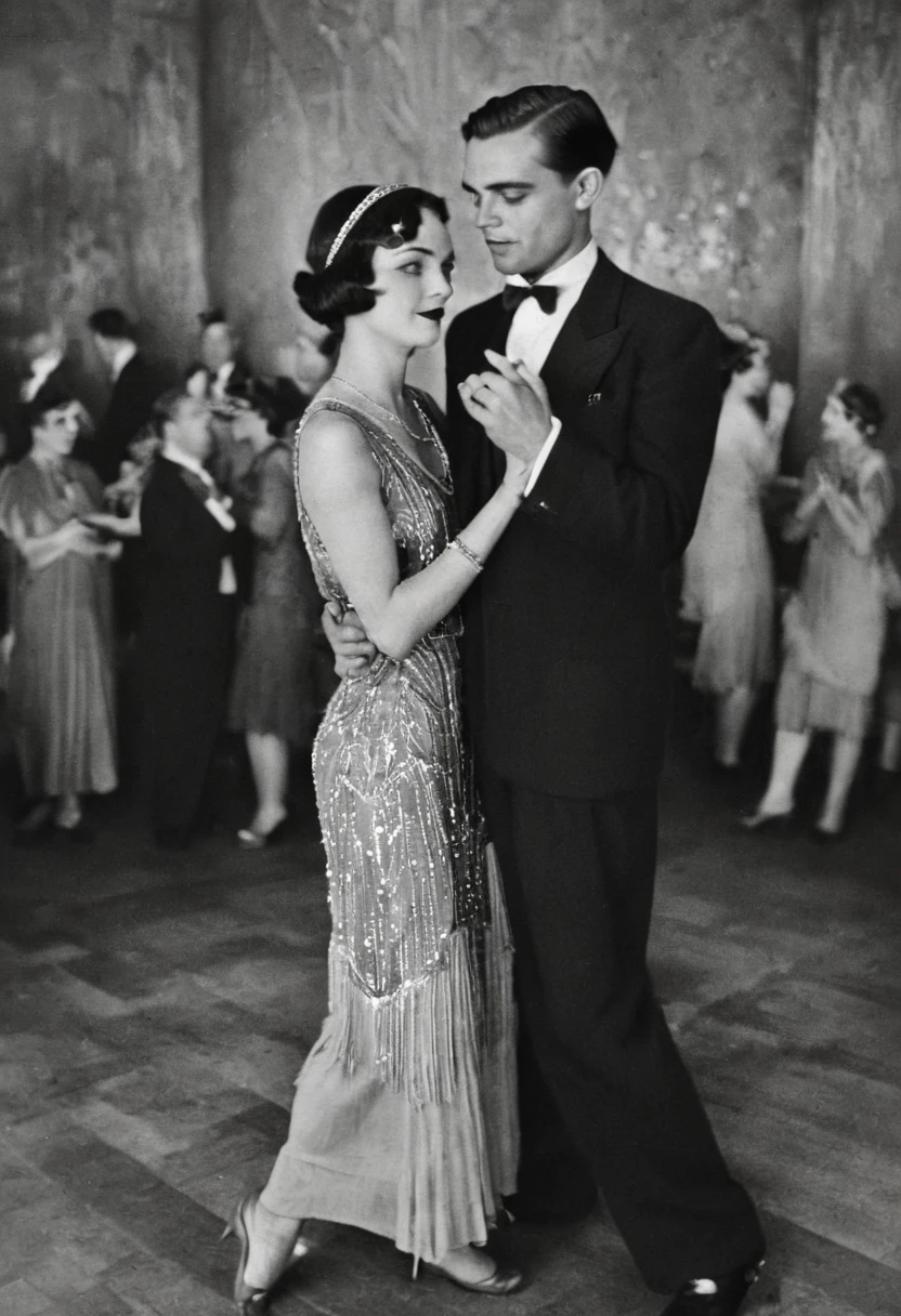 Black and white 1920s great gatsby style couple photo, dancing, indoors, low resolution, faded color, film grain, photo scratches, grunge effect