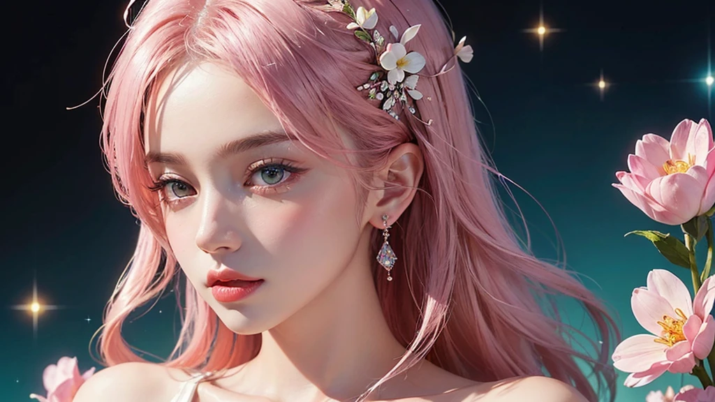 One girl, alone, flower畑, flower, (Official Art, unity 8k wallpaper, Super detailed, beautifully、aesthetic, masterpiece ,Highest quality:1.3), (Dynamic Angle:1.2), (Floating colorful sparkles:1) , elegant, Vibrant colors, Highly detailed face, Detailed eyes, Glowing Skin, Glossy Lips , Pale pink and pale orange background, Pink Hair,