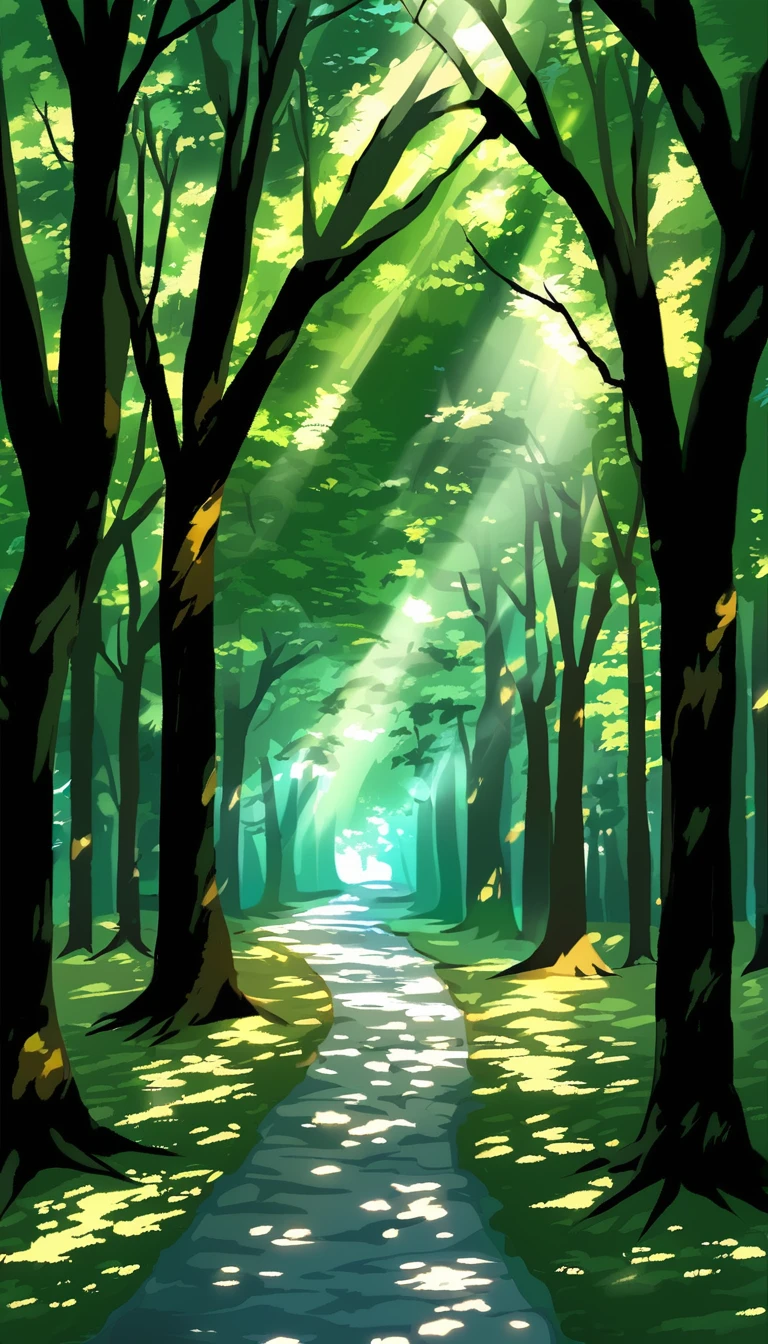 A peaceful forest path lined with tall, ancient trees and dappled sunlight filtering through the leaves. The background includes a gentle stream flowing beside the path.