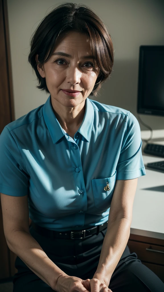 (((bug's eye view : 1))), (masterpiece:1.4),(62-year-old woman:1.5),(facial wrinkles :1.1), (((looking down at viewer : 1.3))), short hair, smirking, sly smile, Mature Woman, (police uniform : 1.3), (short-sleeve-light-blue-shirt, long black pants, breast pocket, black-belt, police badge), sitting on a chair, Interrogation room, pores, dull skin, realistic detailed skin, dark lighting, cinematic lighting