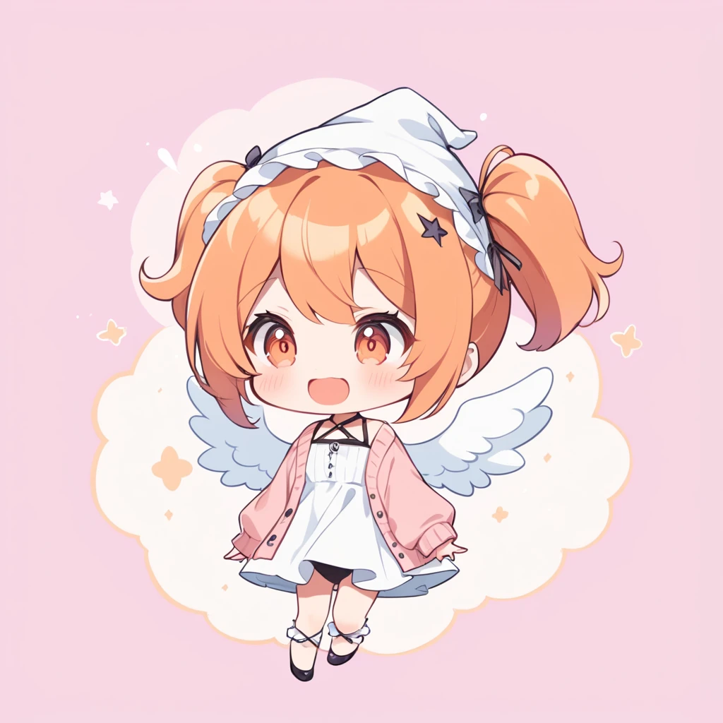 orange hair, orange eyes,girl,Pigtails with the ends tied up,laugh, Chibi, little witch, 1 woman,halterneck,White dress,pink cardigan,panties,Angel Wings