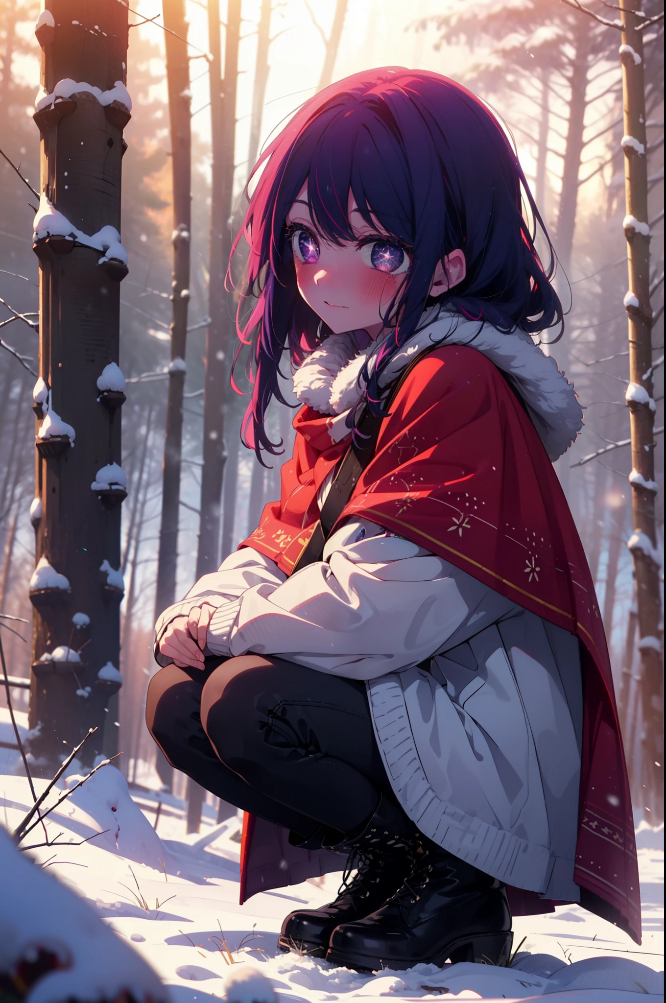 aihoshino, Ai Hoshino, Long Hair, bangs, (Purple eyes:1.1), Purple Hair, (Symbol-shaped pupil:1.5), smile,,smile,blush,white breath,
Open your mouth,snow,Ground bonfire, Outdoor, boots, snowing, From the side, wood, suitcase, Cape, Blurred, , forest, White handbag, nature,  Squat, Mouth closed, Cape, winter, Written boundary depth, Black shoes, red Cape break looking at viewer, Upper Body, whole body, break Outdoor, forest, nature, break (masterpiece:1.2), Highest quality, High resolution, unity 8k wallpaper, (shape:0.8), (Beautiful and beautiful eyes:1.6), Highly detailed face, Perfect lighting, Extremely detailed CG, (Perfect hands, Perfect Anatomy),