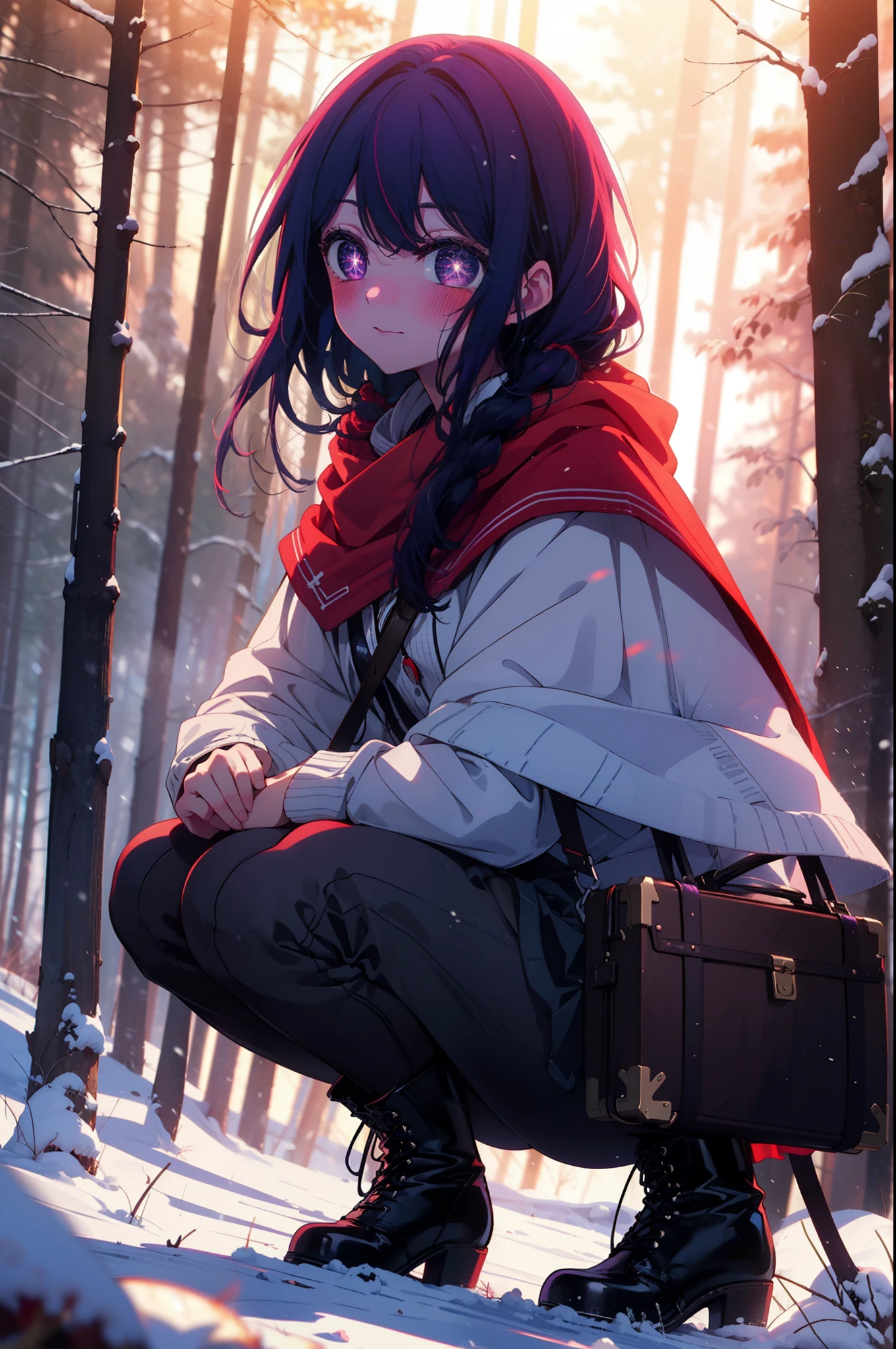 aihoshino, Ai Hoshino, Long Hair, bangs, (Purple eyes:1.1), Purple Hair, (Symbol-shaped pupil:1.5), smile,,smile,blush,white breath,
Open your mouth,snow,Ground bonfire, Outdoor, boots, snowing, From the side, wood, suitcase, Cape, Blurred, , forest, White handbag, nature,  Squat, Mouth closed, Cape, winter, Written boundary depth, Black shoes, red Cape break looking at viewer, Upper Body, whole body, break Outdoor, forest, nature, break (masterpiece:1.2), Highest quality, High resolution, unity 8k wallpaper, (shape:0.8), (Beautiful and beautiful eyes:1.6), Highly detailed face, Perfect lighting, Extremely detailed CG, (Perfect hands, Perfect Anatomy),