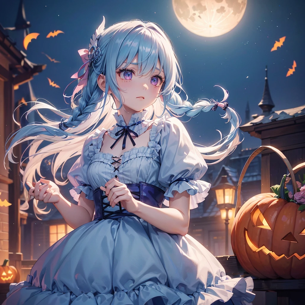 (Light blue medium hair),(Braided hair)、Pink eyes、Fair skin、cowboy shot、Halloween、The background is a pumpkin ghost、Crescent Moon、Trick or Treat、A lot of sweets、witch、Halloween night、Candy、Condescending expression、solo、(masterpiece、Highest quality、Very detailed、Best Shadow)、(Detailed Background)、(Beautifully detailed face)、High contrast、(Best lighting、Very delicate and beautiful)、(Cinematic Light)、colorful、Hyper Detail、Dramatic Light、Exquisite detail、