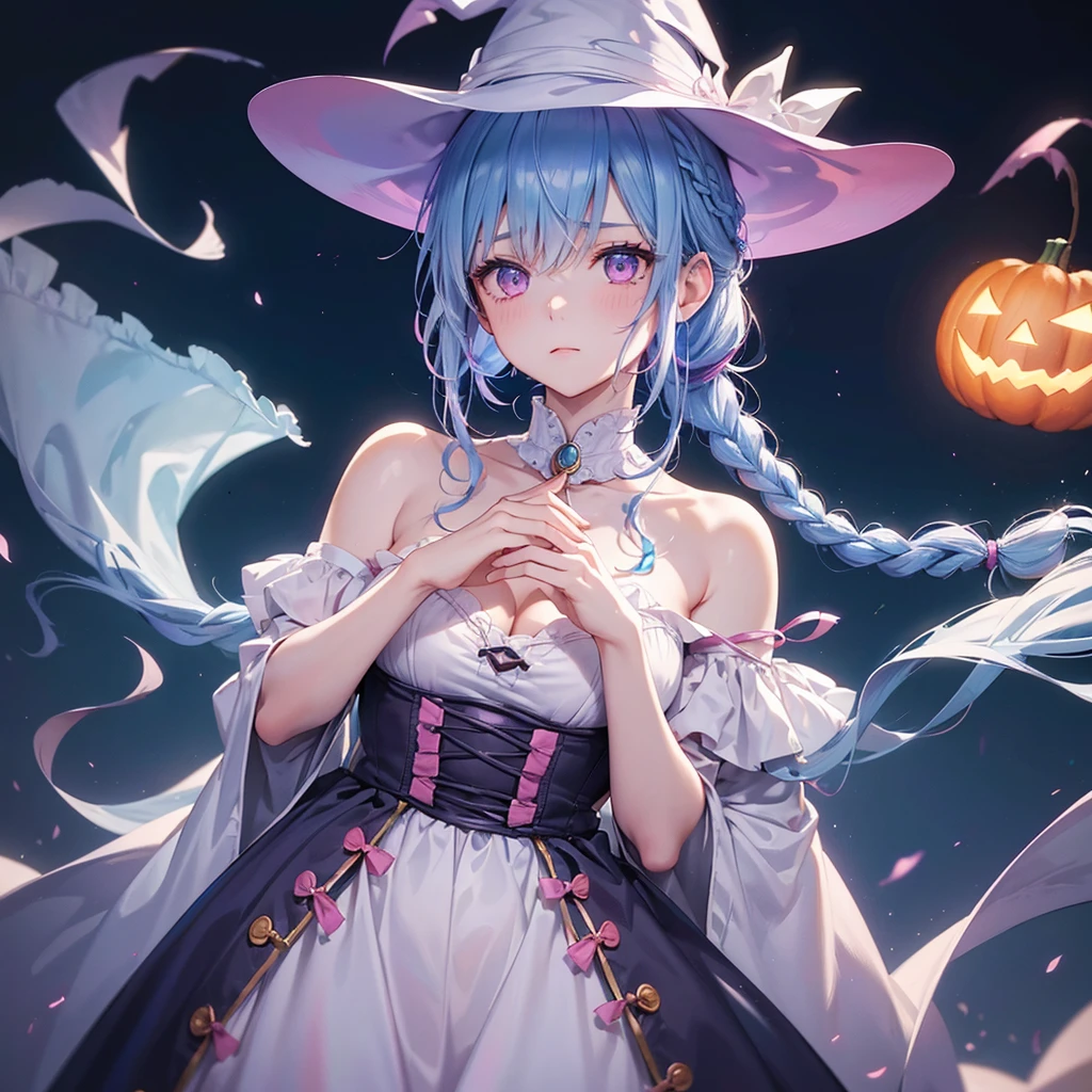 (Light blue medium hair),(Braided hair)、Pink eyes、Fair skin、cowboy shot、Halloween、The background is a pumpkin ghost、Crescent Moon、Trick or Treat、A lot of sweets、witch、Halloween night、Candy、Condescending expression、solo、(masterpiece、Highest quality、Very detailed、Best Shadow)、(Detailed Background)、(Beautifully detailed face)、High contrast、(Best lighting、Very delicate and beautiful)、(Cinematic Light)、colorful、Hyper Detail、Dramatic Light、Exquisite detail、