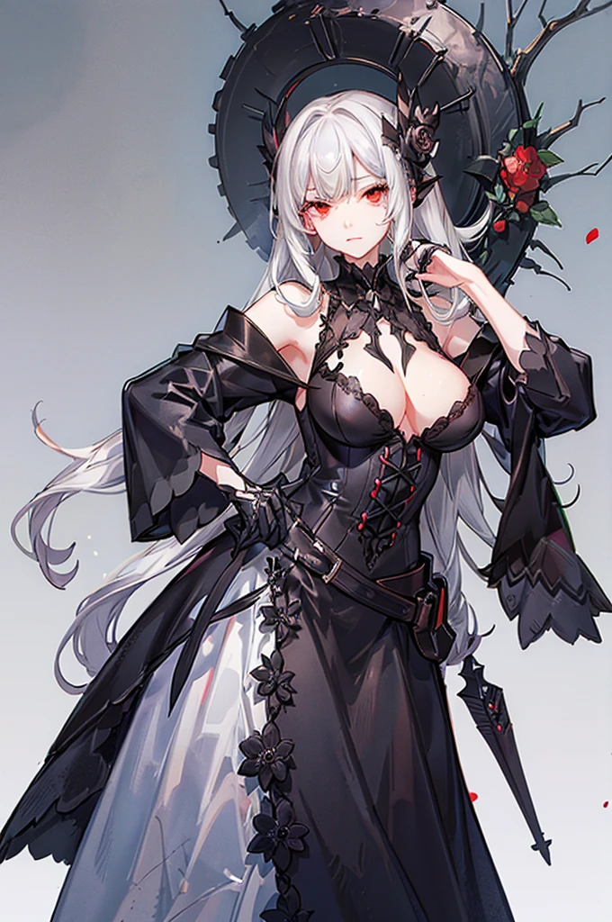 Female, sharp eyes, mature, seductive, white hair, ((white skeleton)), red flower, ((big boobs)) , illustration, 25 year old, bone, skull, ((bust-up)), red eyes, full black dress, black collar, luxurious,