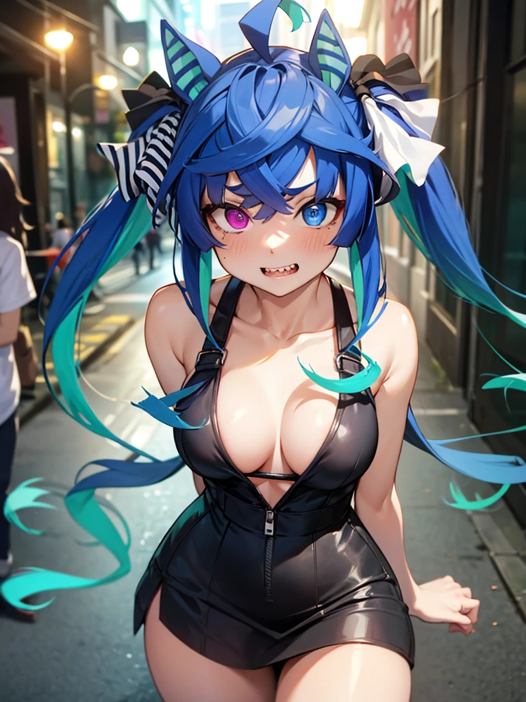 (Masterpiece, best quality, high res、highly detailed cg: 1), A very aggressive streetwalker with vulgar and unrefined manners and attire, forcefully soliciting a man. The man is a faceless background character. The scene is set on a quiet, sparsely populated street at night, with the streetwalker as the main focus. Twin_Turbo_Umamusume, aqua hair, twintails, heterochromia, purple eyes, blue eyes, sharp teeth,hores tails, nsfw, bitch, Seduction, Slutty face, 'Hey, hey, hey! You're looking for a girl to fuck anyway, aren't you?’