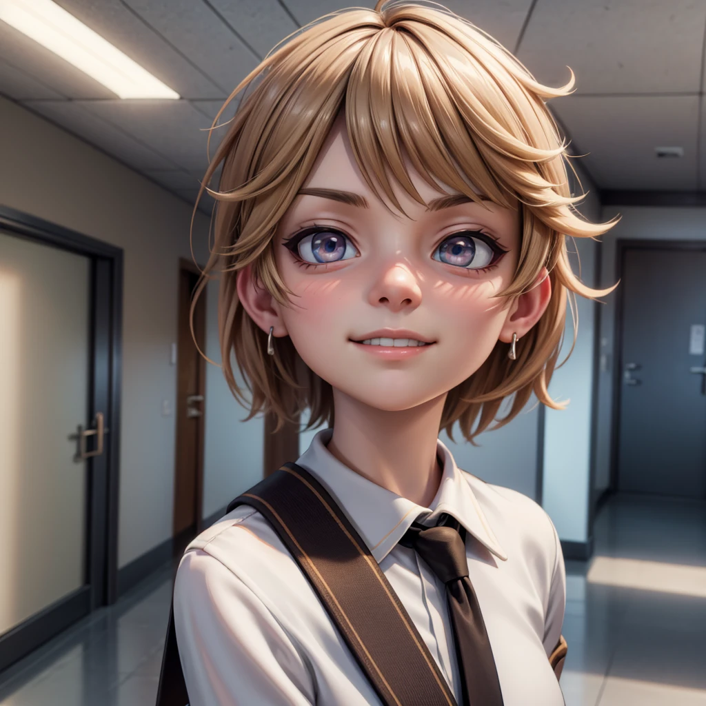 4k,detailed landscape,photorealistic,ultra-detailed,8k,HDR,dramatic lighting,vivid colors, in school hallway, school, smug expression, smug face