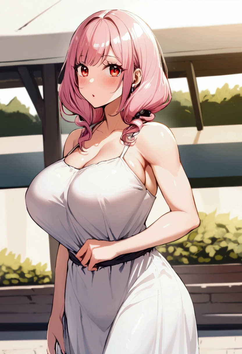 1 girl, long pink hair, red eyes, white complexion, casual dress, big breasts