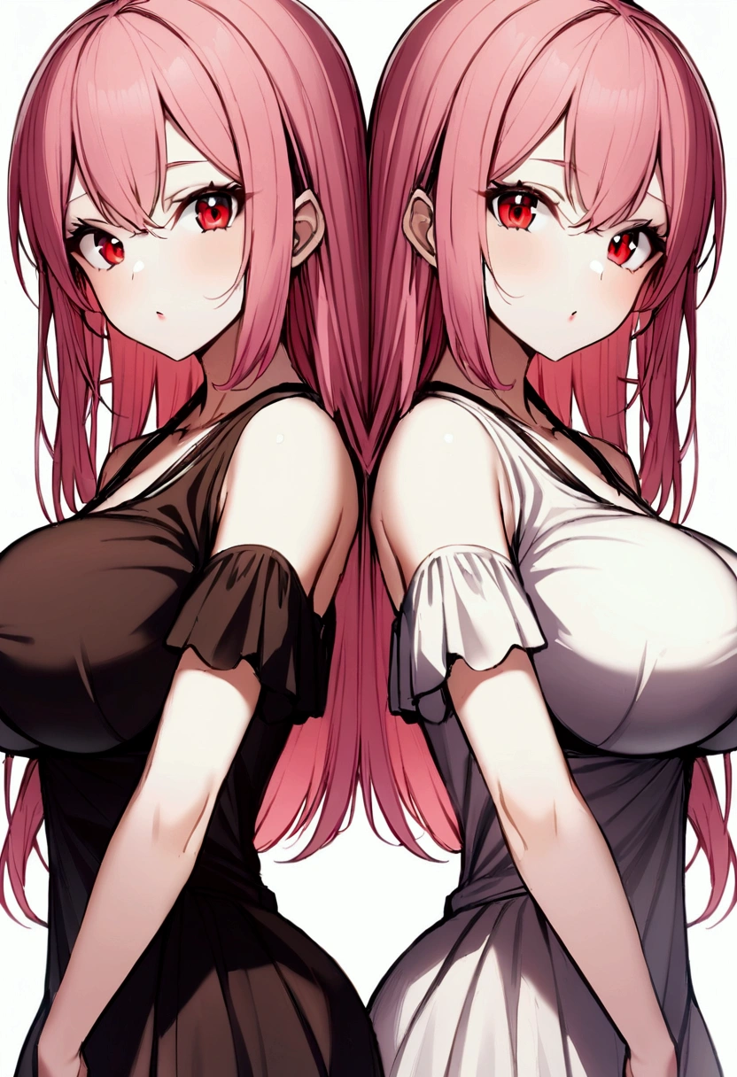 1 girl, long pink hair, red eyes, white complexion, casual dress, big breasts