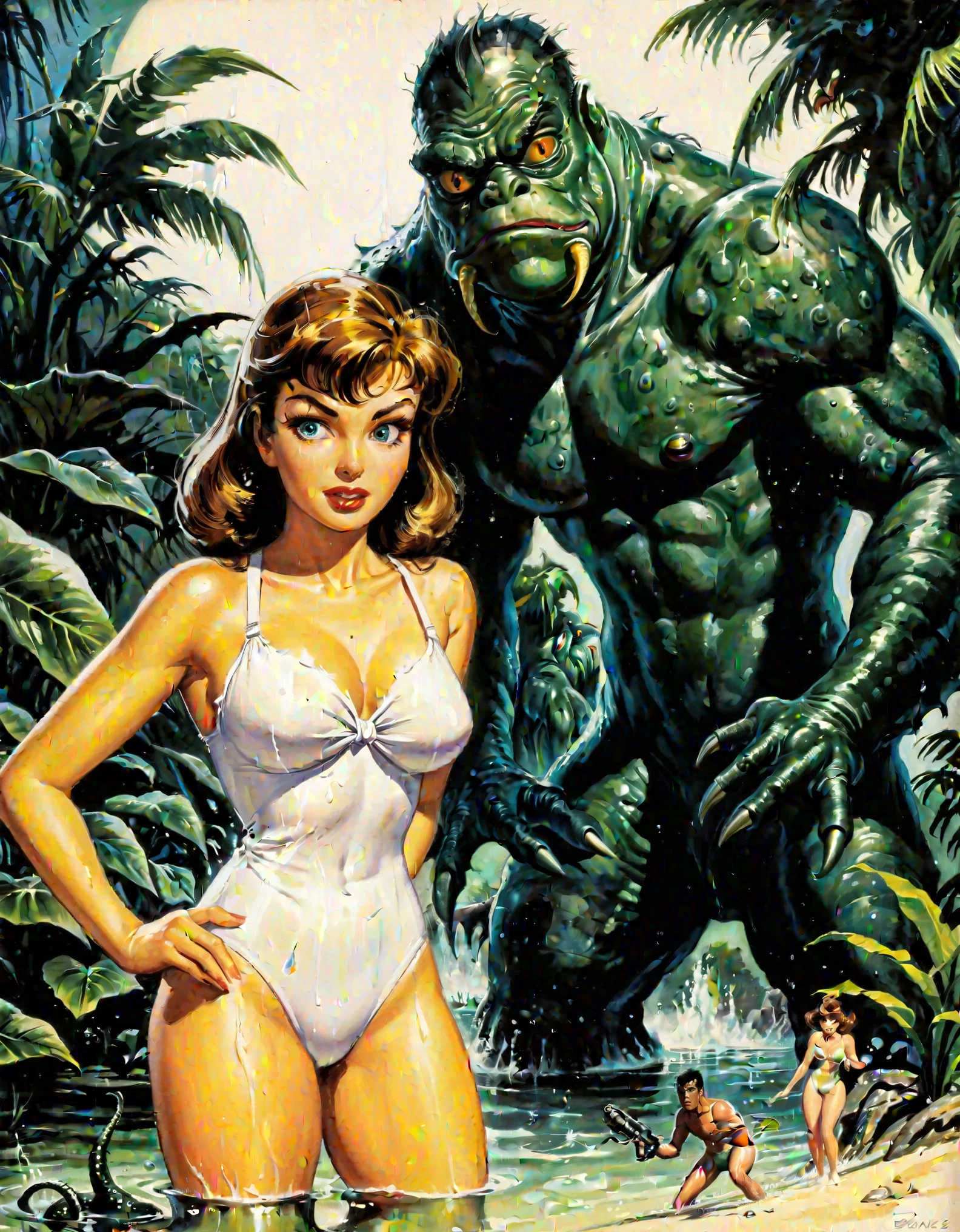 ((girl in white swimsuit, seduced by black lagoon creature, ))) by Mort Kunstler, by Norman Saunders, By Basil Gorgos, by Frank Frazetta, by Bernie Wrightson, Fumetti style, 50s 60s aesthetic, Men's action magazine vibe, very vintage retro, lurid and vivid colors, soft lighting, medium contrast, HD, 8x, intricately detailed, ripped borders, torn and wrinkled pages