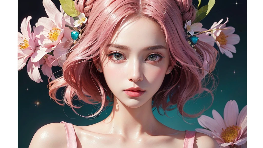 One girl, alone, flower畑, flower, (Official Art, unity 8k wallpaper, Super detailed, beautifully、aesthetic, masterpiece ,Highest quality:1.3), (Dynamic Angle:1.2), (Floating colorful sparkles:1) , elegant, Vibrant colors, Highly detailed face, Detailed eyes, Glowing Skin, Glossy Lips , Pale pink and pale orange background, Pink Hair,