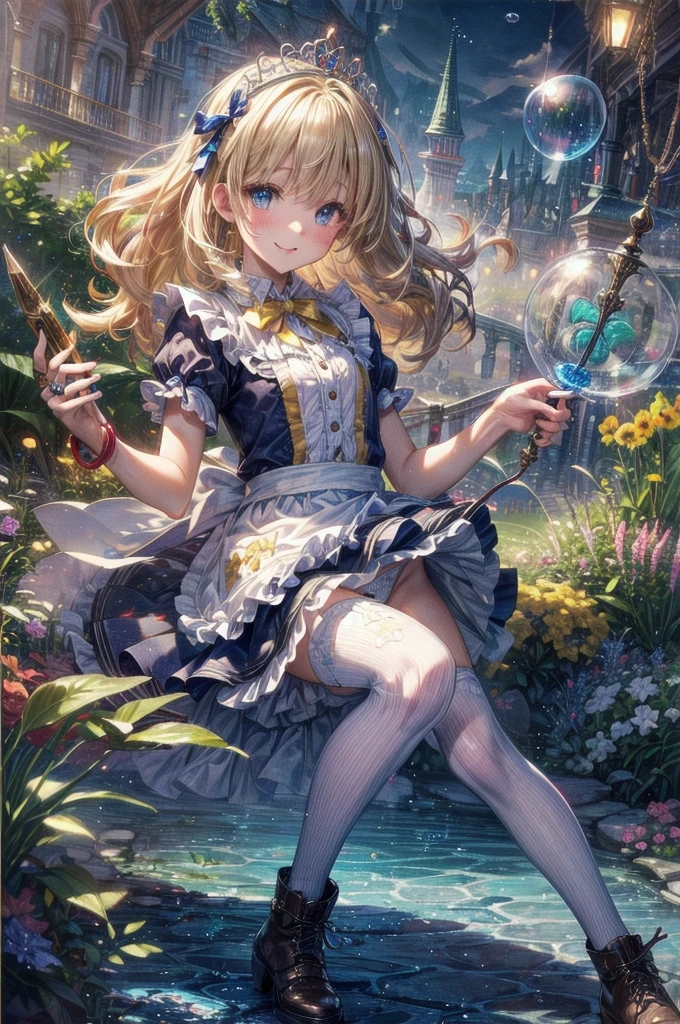 Photorealistic, (masterpiece,Highest quality:1.4),(8k,RAW Photos,Photorealistic:1.2),Not safe at work, Detailed skin,Detailed face,One girl,Princess,Alice in Wonderland,Cute Face, Super Resolution,Retro realistic detailed illustration,,{{{Elaborate,Complicated,wonderful,delicately,extraordinary,Scrupulous,point,Unbelievably,Obsessed,craftsman&#39;s,subtle,celebrity,Skillful,Vibrant, Vivid, Complex}}}, Clearly focused edge, fresh natural gradation, Highest quality, wonderful品質, so beautiful, Absurd,
Pub Sadness,
((yellow, Checkerboard, Frillsの, yellow layered, mini skirt,Overskirt)), ((白いFrillsエプロン)),((shiny Wavy Hair)), crown, Ankle boots, Under the skirt, dress, (((Jumping))), Lift your legs, (Frillsの shirt), ゴシックdress, hair band, Short sleeve, Bow hair, Happy, ;p, Medium Bob,  (Blonde),   ((Wavy Hair)), shimmering eyes, blue eyes, ((yellow hair band)),(((White Frillsの Panties))), (((Skirt flip))), Laughter, blush, dress, Alice (Alice in Wonderland), (Cape), White Frillsの legwear, ((yellow the Bow)), Puff sleeves, Bans, Short sleeve, ((yellow bow ribbon)), Long Hair, (White Frillsの apron), (((tiara))), (((Holding a cute magic wand))). White Frillsの legwear, Frills, yellow ゴシックdress,: q, ((Heart Necklace)), ((ring)), masterpiece, Highest quality, Not safe at work, , , 14, Braided bangs, Arm Garters, Baby Face ,Eyes sparkle, Flat Chest, 
it has been,it has beenii,pastel colour,(Wonderland Garden:1.3),imagine,  ((Soap bubble)), Heart Background, (watercolor),