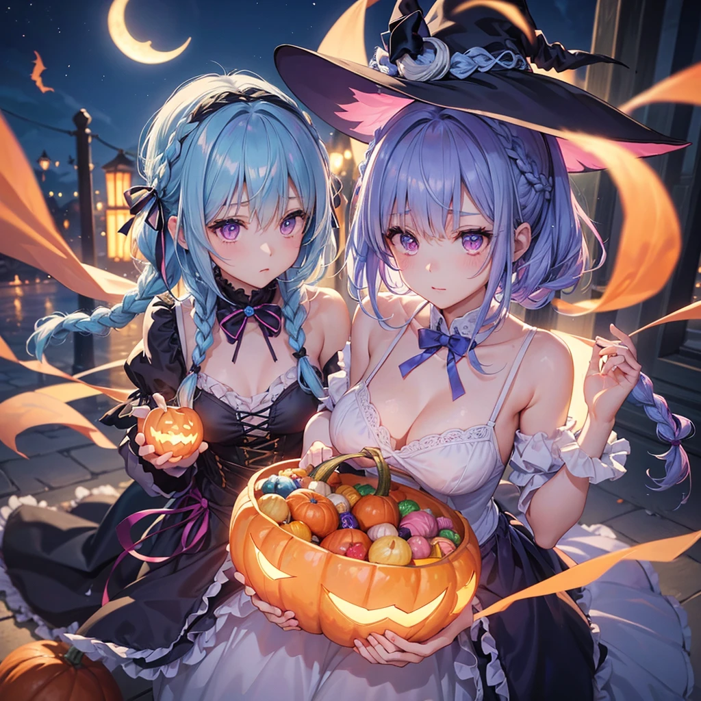 (Light blue medium hair),(Braided hair)、Pink eyes、Fair skin、cowboy shot、Halloween、The background is a pumpkin ghost、Crescent Moon、Trick or Treat、A lot of sweets、witch、Halloween night、Candy、Condescending expression、solo、(masterpiece、Highest quality、Very detailed、Best Shadow)、(Detailed Background)、(Beautifully detailed face)、High contrast、(Best lighting、Very delicate and beautiful)、(Cinematic Light)、colorful、Hyper Detail、Dramatic Light、Exquisite detail、