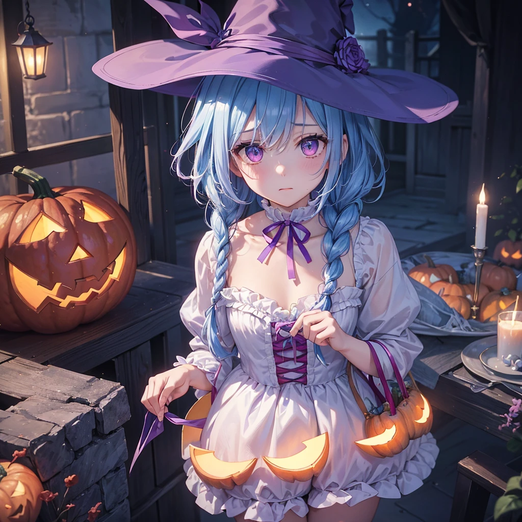 (Light blue medium hair),(Braided hair)、Pink eyes、Fair skin、cowboy shot、Halloween、The background is a pumpkin ghost、Crescent Moon、Trick or Treat、A lot of sweets、witch、Halloween night、Candy、Condescending expression、solo、(masterpiece、Highest quality、Very detailed、Best Shadow)、(Detailed Background)、(Beautifully detailed face)、High contrast、(Best lighting、Very delicate and beautiful)、(Cinematic Light)、colorful、Hyper Detail、Dramatic Light、Exquisite detail、