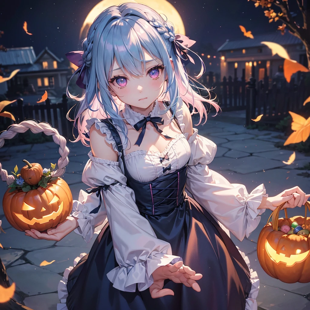 (Light blue medium hair),(Braided hair)、Pink eyes、Fair skin、cowboy shot、Halloween、The background is a pumpkin ghost、Crescent Moon、Trick or Treat、A lot of sweets、witch、Halloween night、Candy、Condescending expression、solo、(masterpiece、Highest quality、Very detailed、Best Shadow)、(Detailed Background)、(Beautifully detailed face)、High contrast、(Best lighting、Very delicate and beautiful)、(Cinematic Light)、colorful、Hyper Detail、Dramatic Light、Exquisite detail、