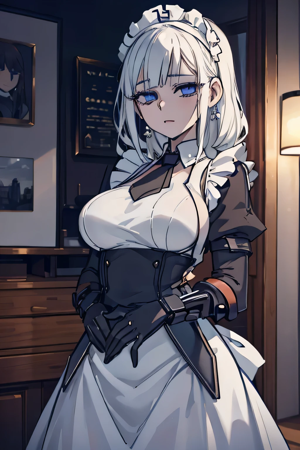 1girl, maid outfit, large breasts, cute, cyborg, beautiful detailed eyes, beautiful detailed lips, extremely detailed eyes and face, long eyelashes, realistic, photorealistic, photo-realistic:1.37, best quality, 8k, highres, masterpiece:1.2, ultra-detailed, HDR, UHD, studio lighting, ultra-fine painting, sharp focus, physically-based rendering, extreme detail description, professional, vivid colors, bokeh