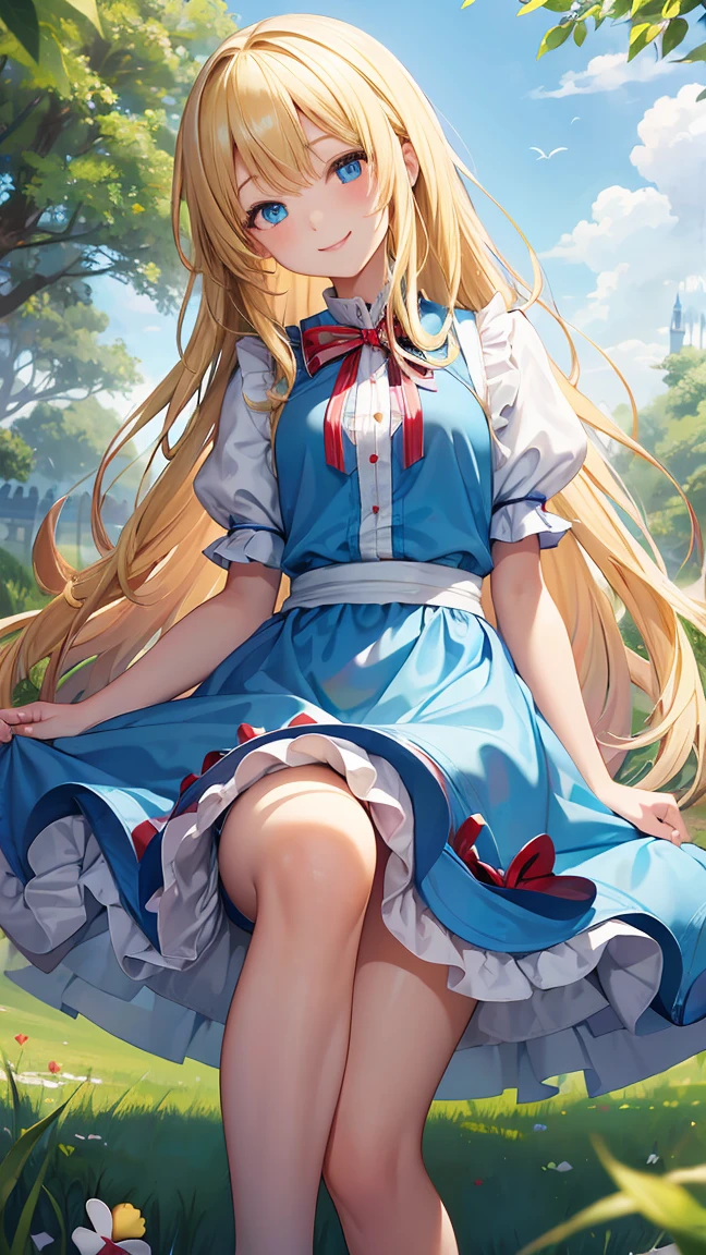 masterpiece, Highest quality, High resolution, Very detailed,(((Alice in Wonderland))), (((Blonde long hair)))、(((smile)))