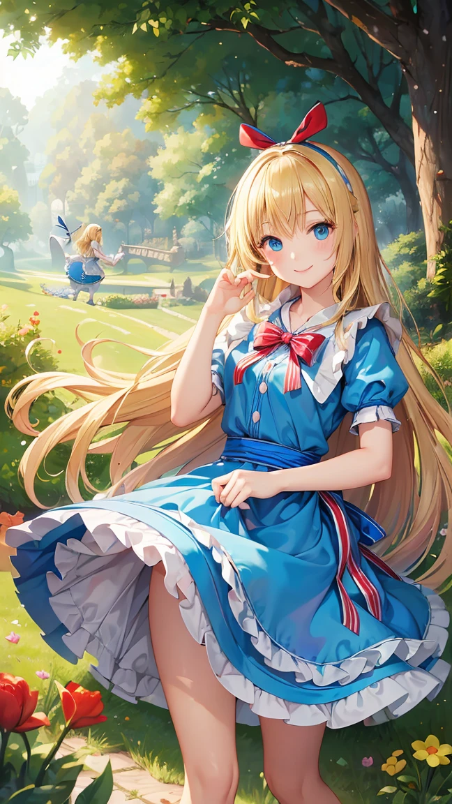 masterpiece, Highest quality, High resolution, Very detailed,(((Alice in Wonderland))), (((Blonde long hair)))、(((smile)))