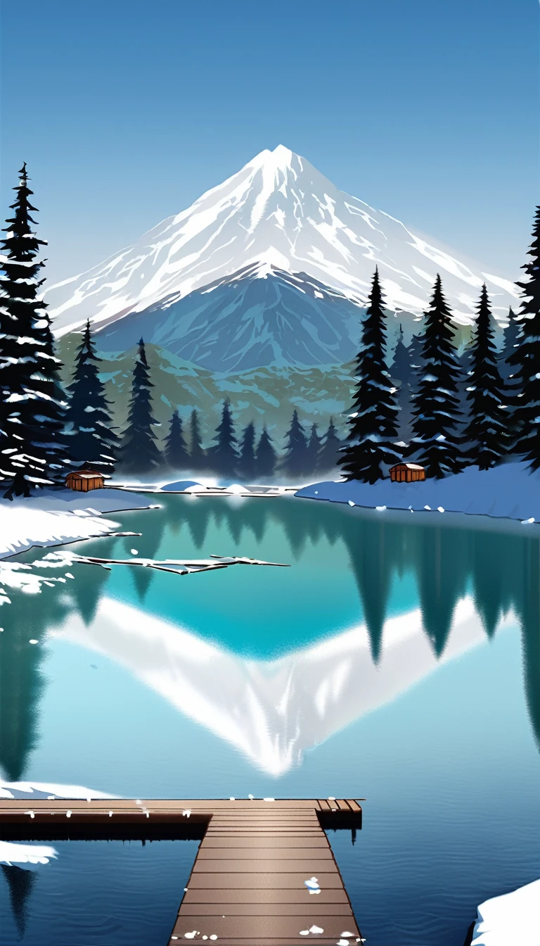 A calm mountain lake surrounded by towering pine trees and snow-capped peaks in the distance. The water is still and reflective, with a small wooden dock extending into the lake.