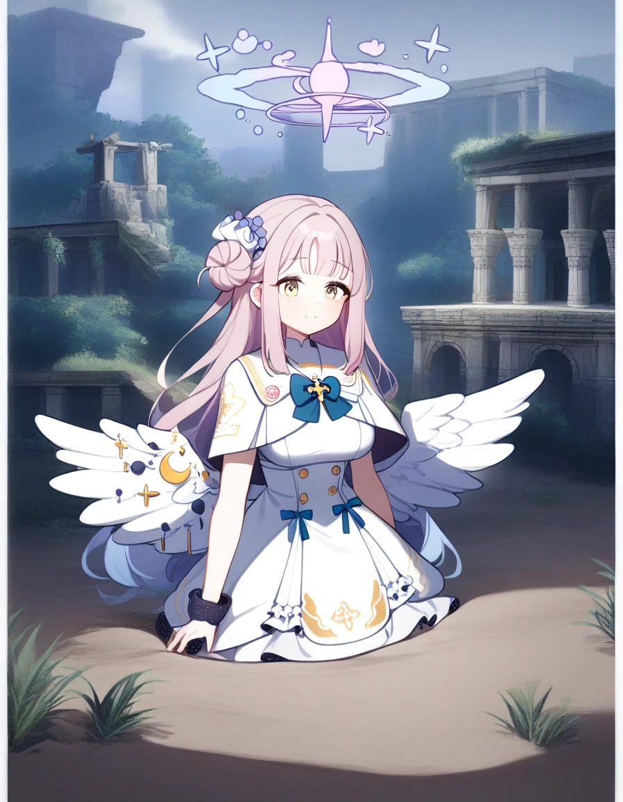 (1girl:1.8), solo, upper body,highres,mika_\(blue_archive\),white_wings,feathered_wings,hair_flower,large_breasts,angel_wings,white_dress,low_wings, civilization, ruins, emerged, wilderness, hidden, secrets, mysterious, abandoned, historic, archaeological, deserted, sands