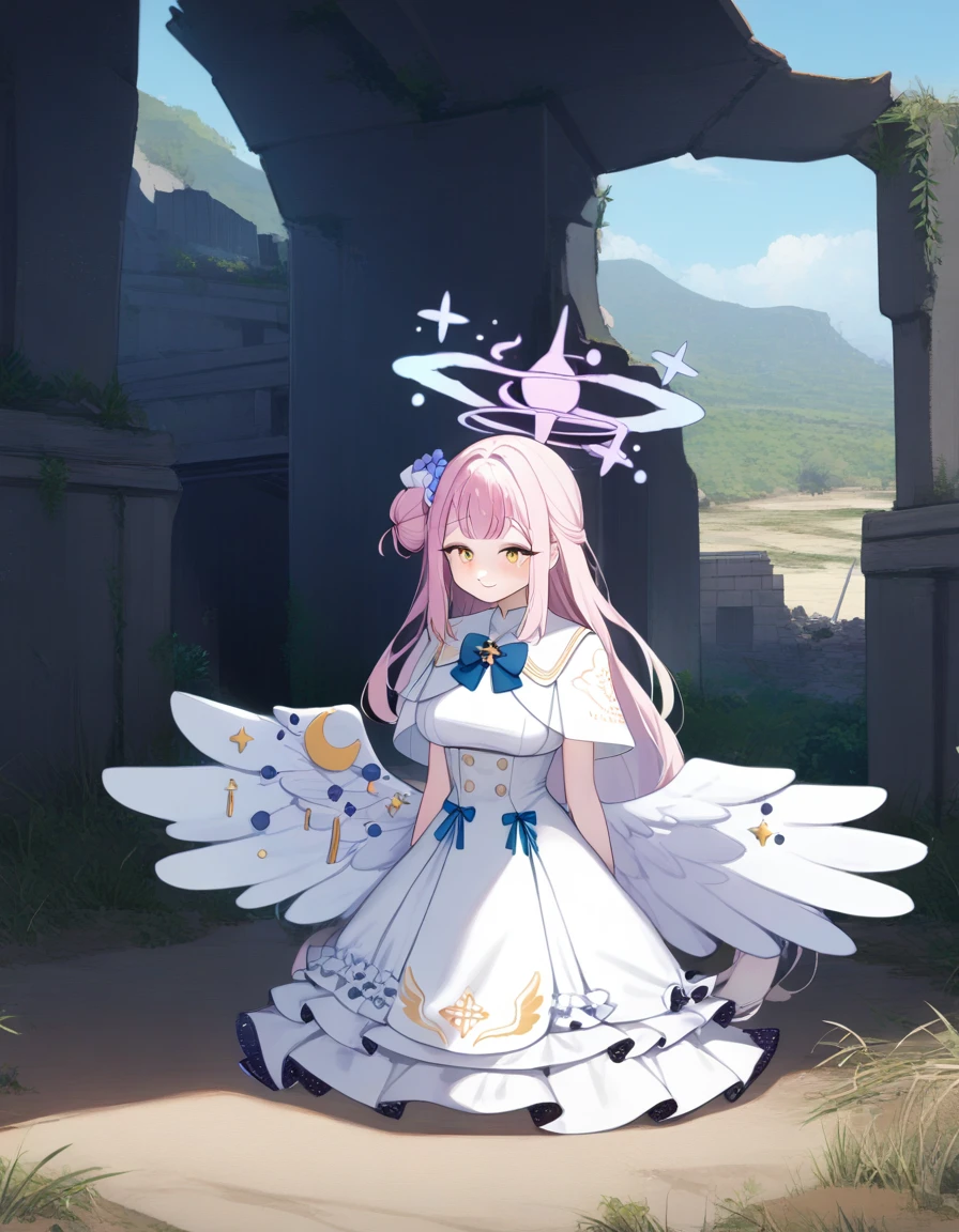 (1girl:1.8), solo, upper body,highres,mika_\(blue_archive\),white_wings,feathered_wings,hair_flower,large_breasts,angel_wings,white_dress,low_wings, civilization, ruins, emerged, wilderness, hidden, secrets, mysterious, abandoned, historic, archaeological, deserted, sands