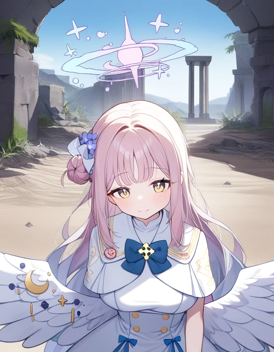 (1girl:1.8), solo, upper body,highres,mika_\(blue_archive\),white_wings,feathered_wings,hair_flower,large_breasts,angel_wings,white_dress,low_wings, civilization, ruins, emerged, wilderness, hidden, secrets, mysterious, abandoned, historic, archaeological, deserted, sands