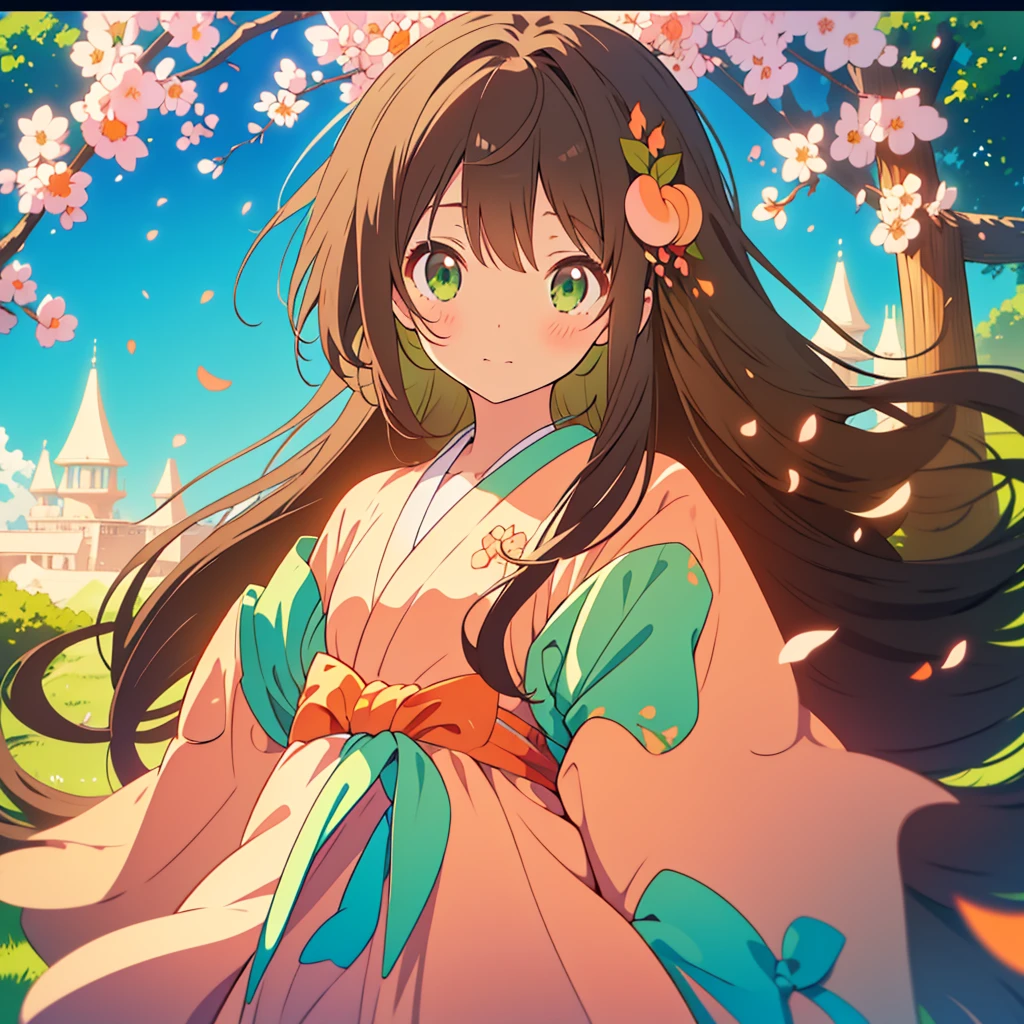 kawaii, anime, Cute, hyper quality, highly detailed, 8k, Clarity, dark brown long hair, green eyes, Stinking eyes, Front facing, peek out one's face, leaning forward, upper body, Draw facial expressions in detail, upward glance, stare at me, bite a peach, peach tree, heaven, Celestial maiden's robe, eat peach,