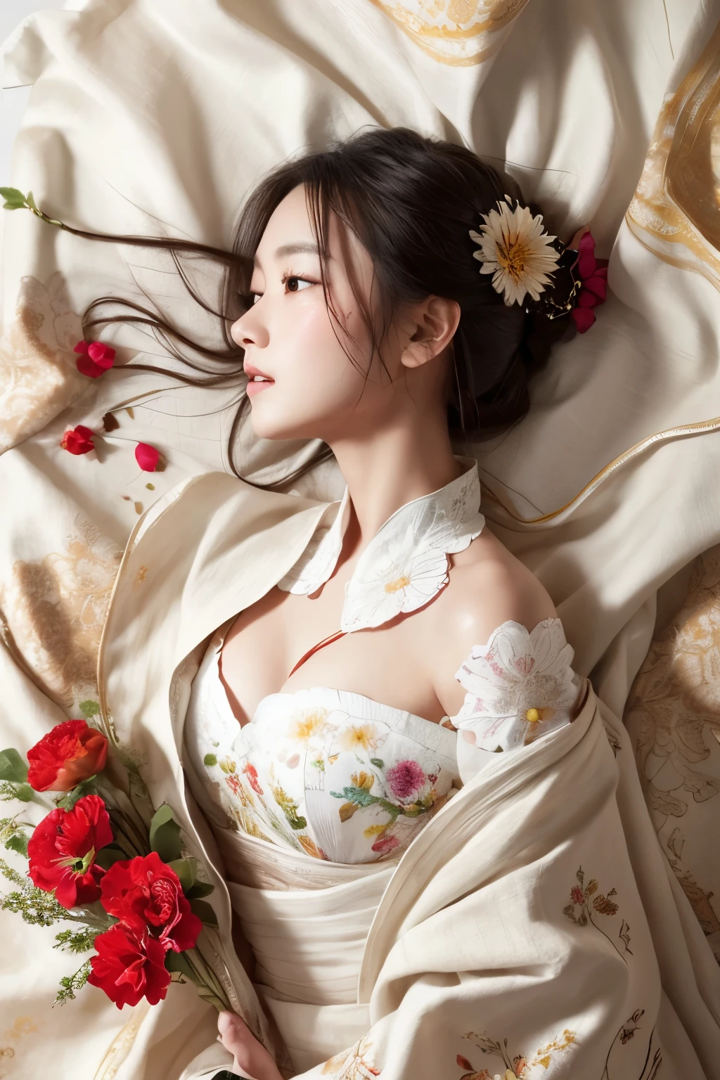 weathering, 1 girl, only, Hanfu, antique_china_architecture, Flower Field, florals, (White cloth:1.3) (Realistic portraits:1.4), legwear,Tangled, mandala, twist, Official Art, unity 8k wallpaper, Super detailed, beautiful, masterpiece,Highest quality, (Dynamic Angle:1.4), Glowing Skin, (Colorful sparks fly:1) The most beautiful form of chaos, elegant, Barbaric design, Vibrant colors, Exotic Romance, Depth of written boundary._dance, Red flower,High resolution, Anatomically correct, chest, Open your mouth a little,