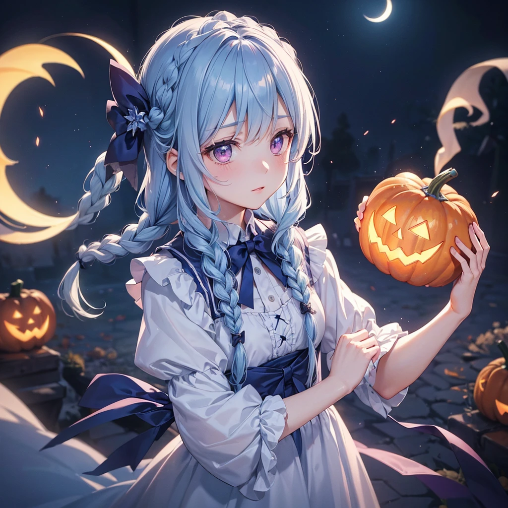 (Light blue medium hair),(Braided hair)、Pink eyes、Fair skin、cowboy shot、Halloween、The background is a pumpkin ghost、Crescent Moon、Trick or Treat、A lot of sweets、witch、Halloween night、Candy、Condescending expression、solo、(masterpiece、Highest quality、Very detailed、Best Shadow)、(Detailed Background)、(Beautifully detailed face)、High contrast、(Best lighting、Very delicate and beautiful)、(Cinematic Light)、colorful、Hyper Detail、Dramatic Light、Exquisite detail、