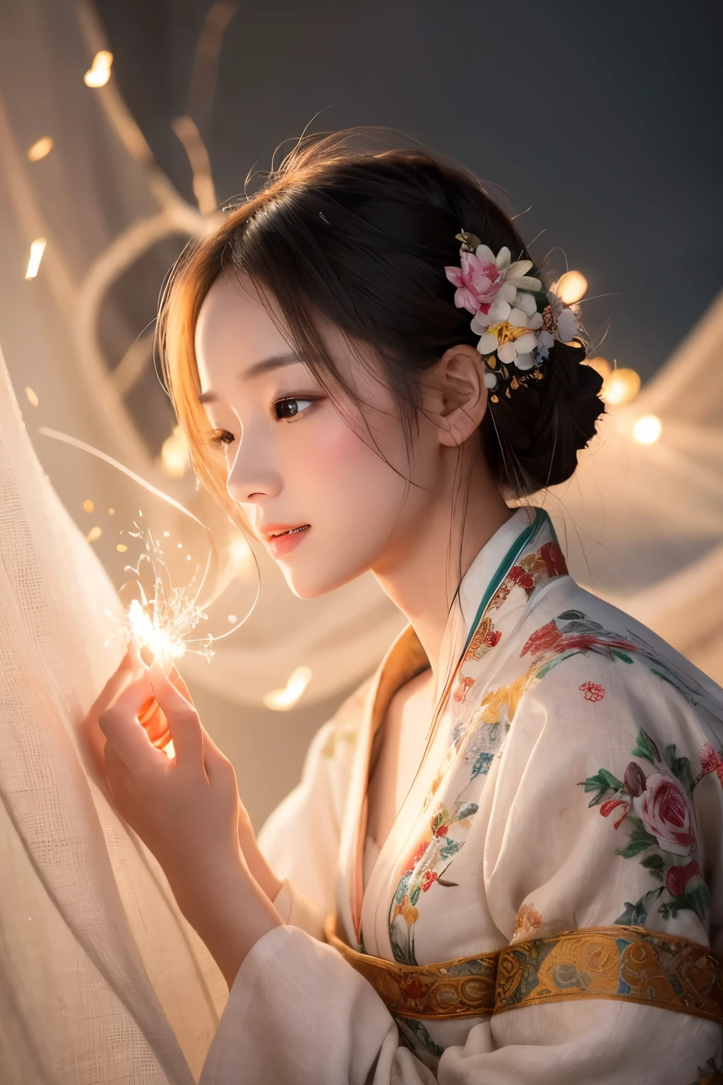 weathering, 1 girl, only, Hanfu, antique_china_architecture, Flower Field, florals, (White cloth:1.3) (Realistic portraits:1.4), legwear,Tangled, mandala, twist, Official Art, unity 8k wallpaper, Super detailed, beautiful, masterpiece,Highest quality, (Dynamic Angle:1.4), Glowing Skin, (Colorful sparks fly:1) The most beautiful form of chaos, elegant, Barbaric design, Vibrant colors, Exotic Romance, Depth of written boundary._dance, Red flower,High resolution, Anatomically correct, chest, Open your mouth a little,