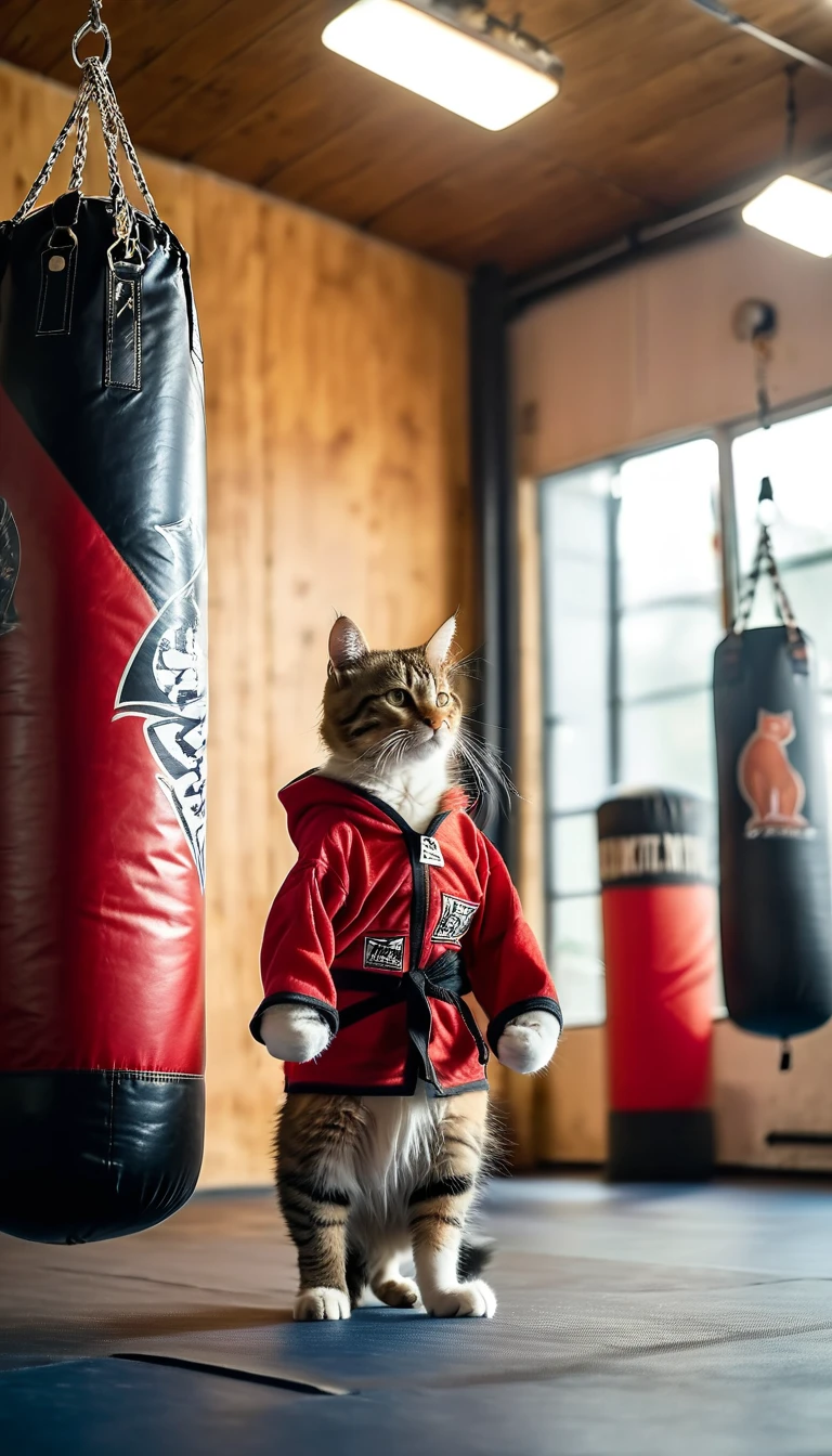 ((8k)), Highest quality, 超high resolution, Cat standing with a punching bag in a boxing gym, Wearing a red jersey