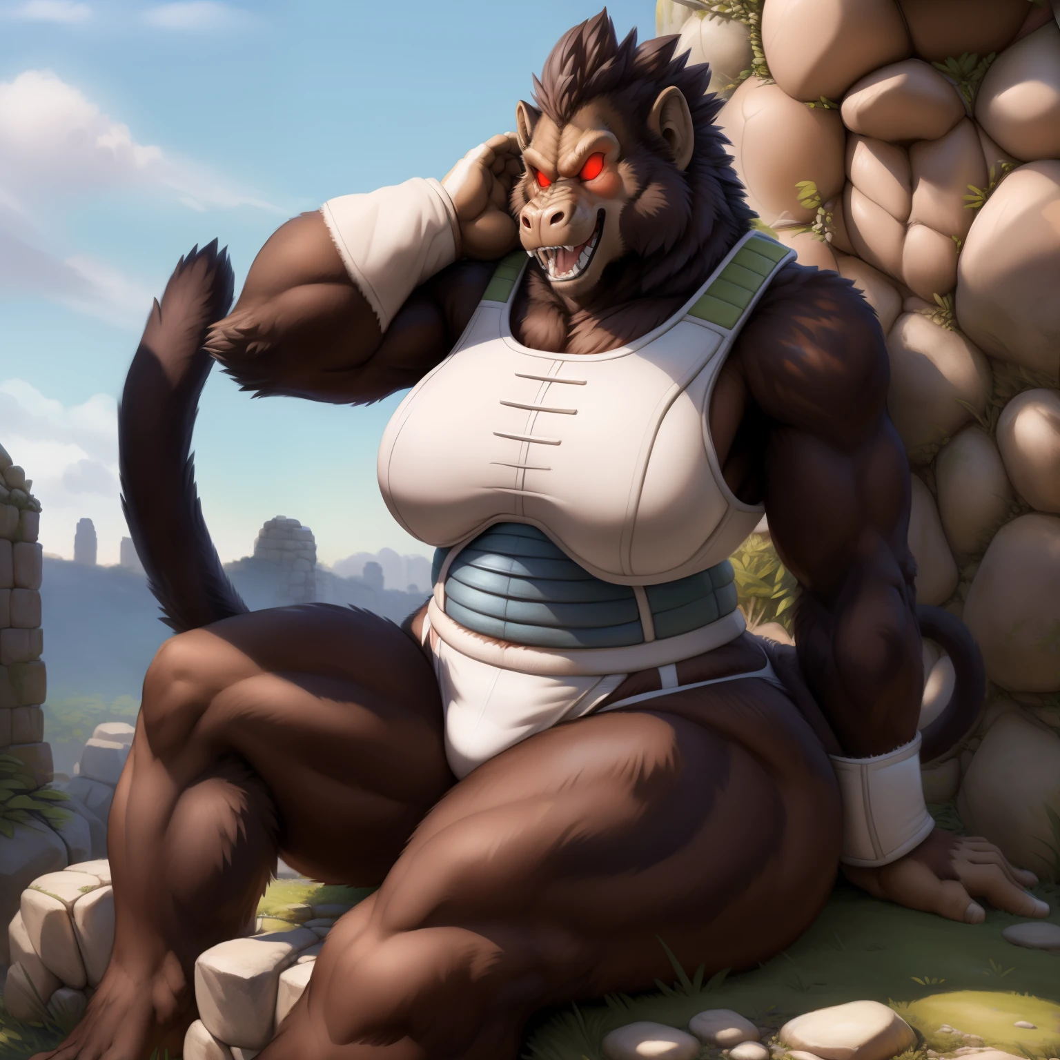 solo, breath (ultra detailed), a beautiful and detailed full size portrait of a female anthro gorilla, oozaru, brown fur, fur body, monkey tail, red eyes, close up view, glowing eyes, empty eyes, tail, bedroom eyes, detailed eyes, big body, sexy body, (wide body). goddess, kenket, Ross Tran,ruan jia, trending on artstation,foxovh, cenematic lighting, front view, big breaths, huge boobs, big boobs, big , big , big , big , day, tree, (((stone wall, grass, seductive, pose, sitting))), curvy figure, (((white saiyan armor, covering self, underwear, big butt)), angry, open mouth, blush,
