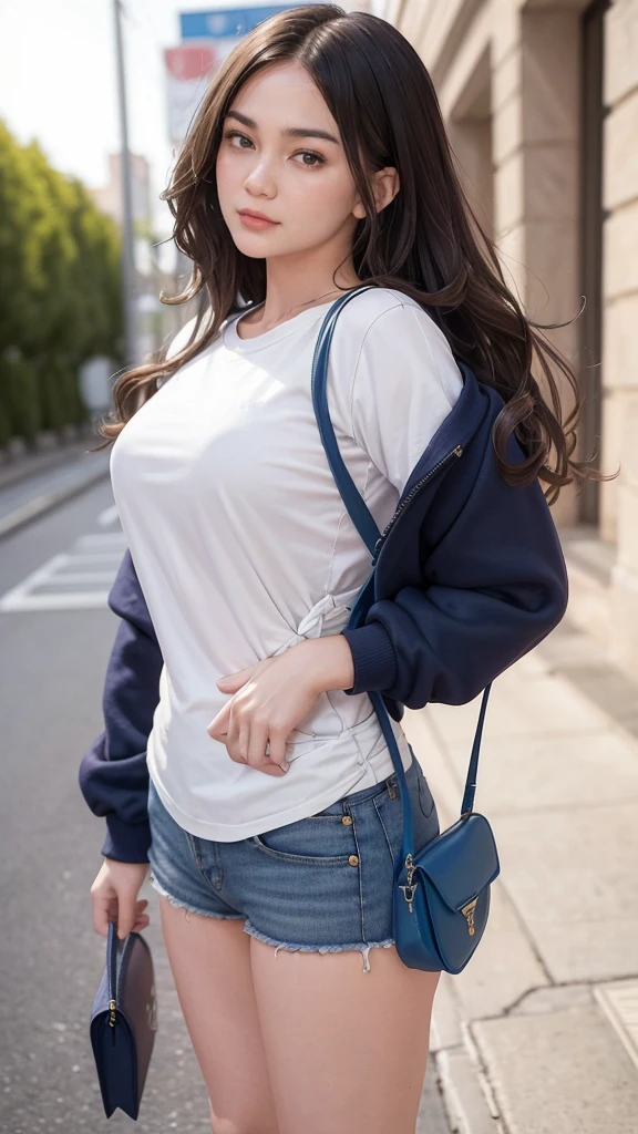 Masterpiece, best quality, awards winning photograph, 1girl, extremely beautiful, wavy hair, hair blown by strong winds, college girl, navy hoodie-zip jacket, tight white shirt, ((wearing sling-bag)), blue jeans, sneakers, fit body, small breasts, big booty, ((full body)), posing in the middle, from below, walking at the street,