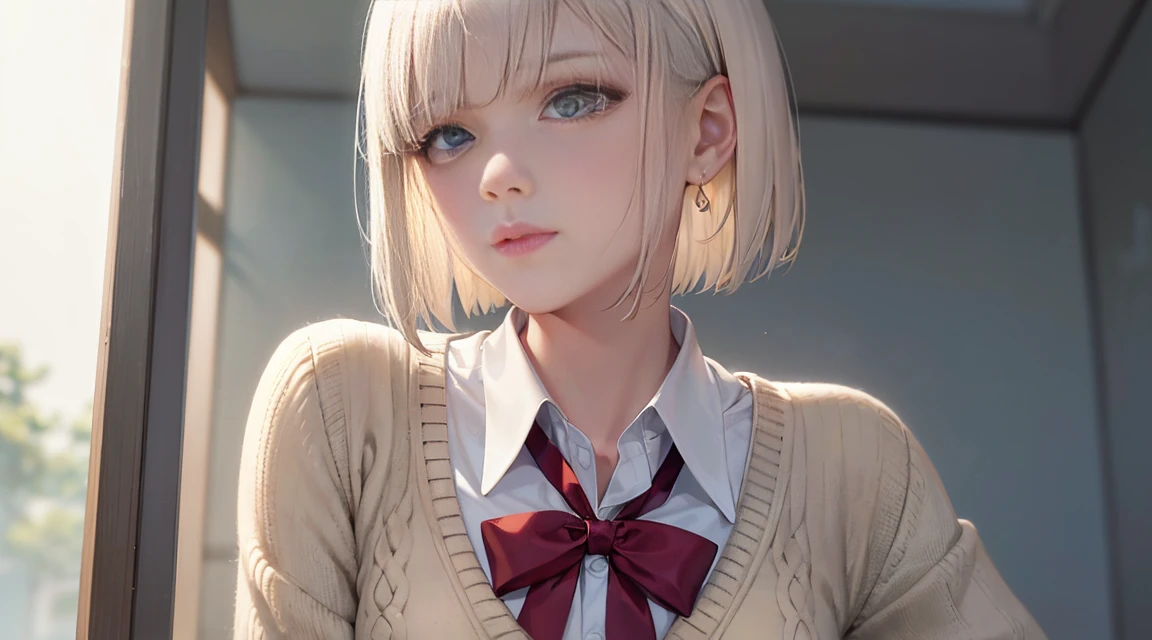 (Bob Cut Hair, Platinum Blonde Hair:1.2),(Wear a cardigan over a collared shirt:1.2),1 girl,Japanese,21 years old,(Small breasts:1.3),(Highest quality,masterpiece:1.3,超A high resolution,),(Ultra-detailed,Caustics),(Photorealistic:1.4,RAW shooting,)Ultra-Realistic Capture,Very detailed,High resolution 16K human skin close-up。 Natural skin texture、,Pores、、It needs to be detailed enough to be easily identifiable。 Skin should be even-toned and healthy looking。 Use natural light and colour, Sad expression, Looking at the camera, Perfect dynamic composition, Outdoor