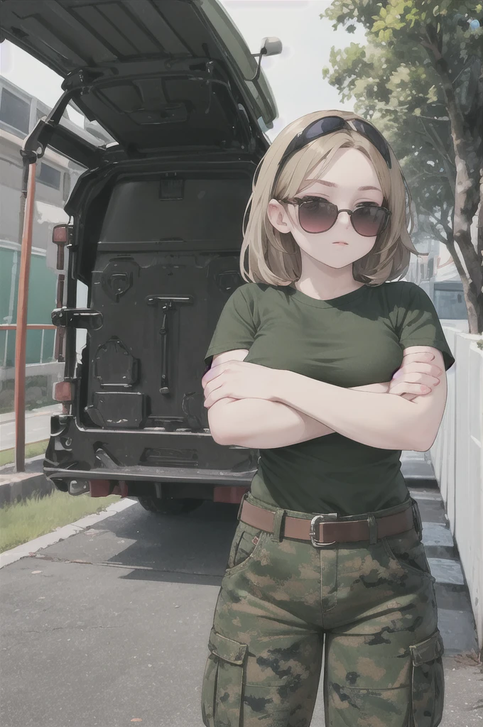 bootsnutes, shirt tucked in, green shirt, t-shirt, camouflage pants, black belt, belt buckle, outdoors, crossed arms, sunglasses, large breasts, cowboy shot,